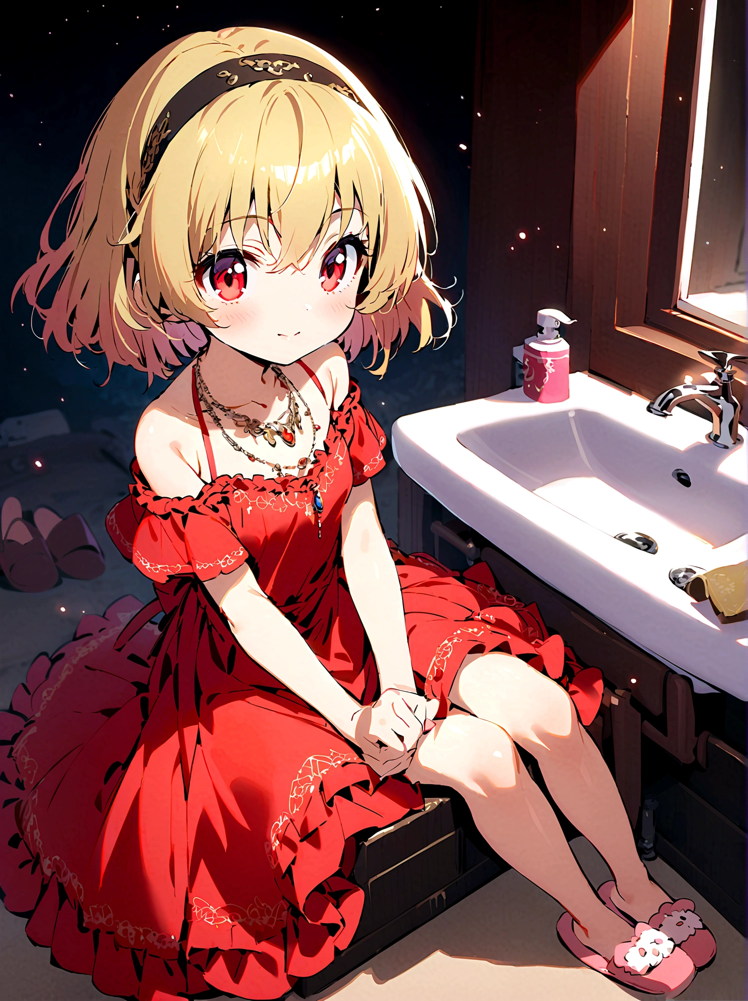 (Houjou_Satoko), (Blonde), Red eyes, short hair, hair band, Small breasts,I&#39;m 11 years old, 1girl, 独奏, dress, jewelry, sitting, necklace, red dress, minigirl, slippers, sink