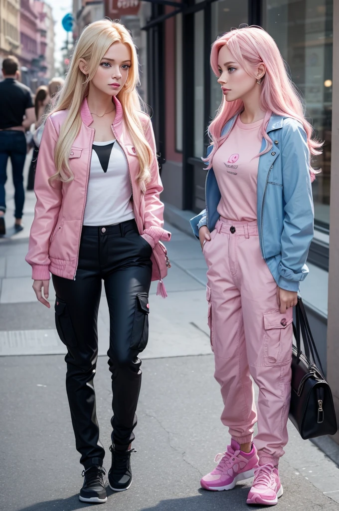 Create a character from the Disney Pixar movie .a female character in pink color, long blonde hair, blue eyes, wearing cargo pants, a pink blouse and a black jacket