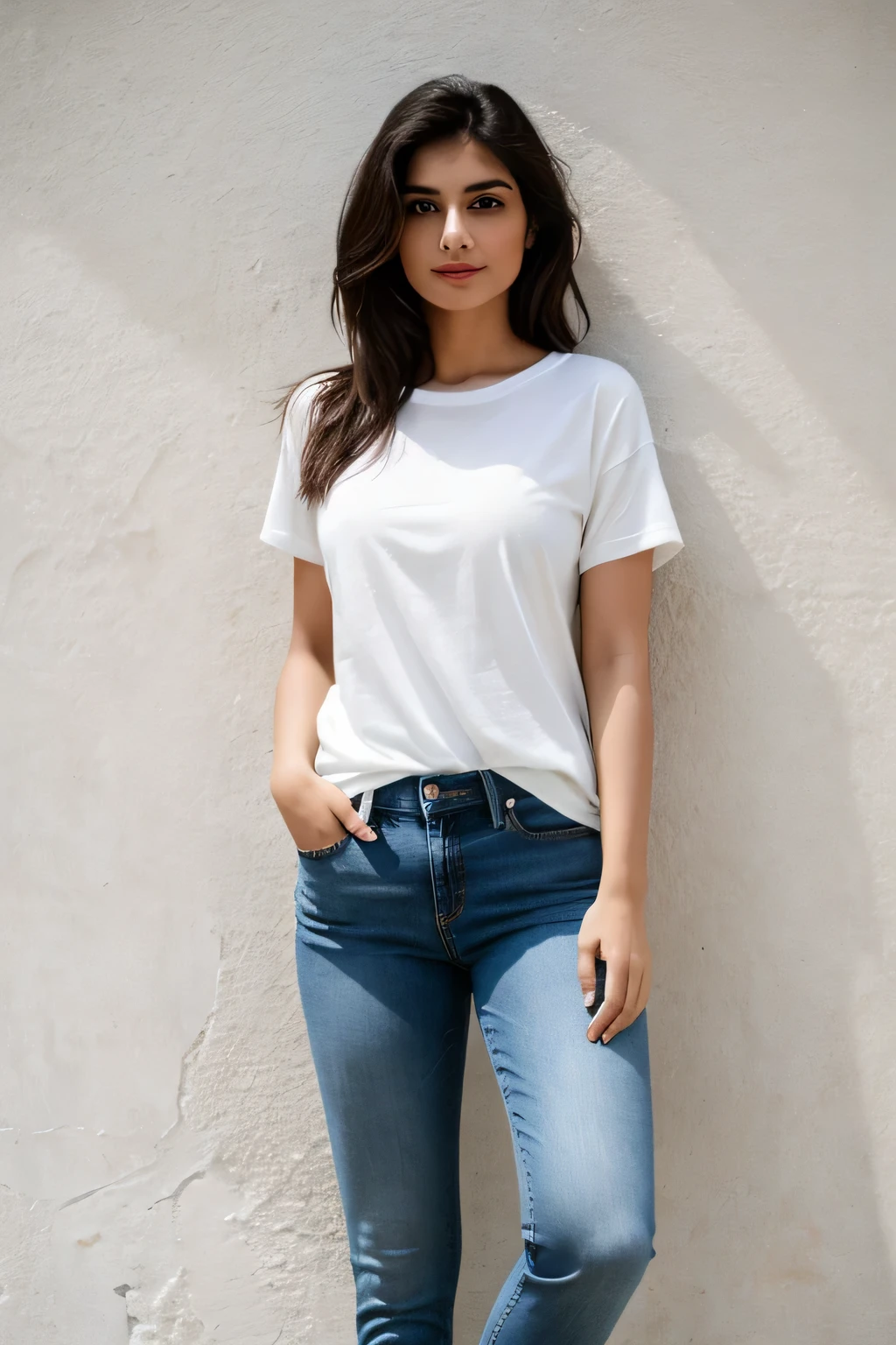 Model mock-up, Pakistani 30 years old very beautiful very charming girl wearing full white basic round neck Teeshirt short sleeves, fashion pose, fashion poster, details face featers model look, medium length silky hair, DSLR camera result, 4k quality, black hairs, light makeup, Sexy looks, detailed eyes and lips, beautiful skin tone, large size bouncy breasts, wearing full white plain round neck basic Teeshirt, short sleeves with dark blue jeans pant, ripped skinny jeans, magazine cover, lose Teeshirt, baggy style full length Teeshirt oversized Teeshirt, fashion style, wall behind, sunlight, daylights, wide hips and thighs, toned body shape,