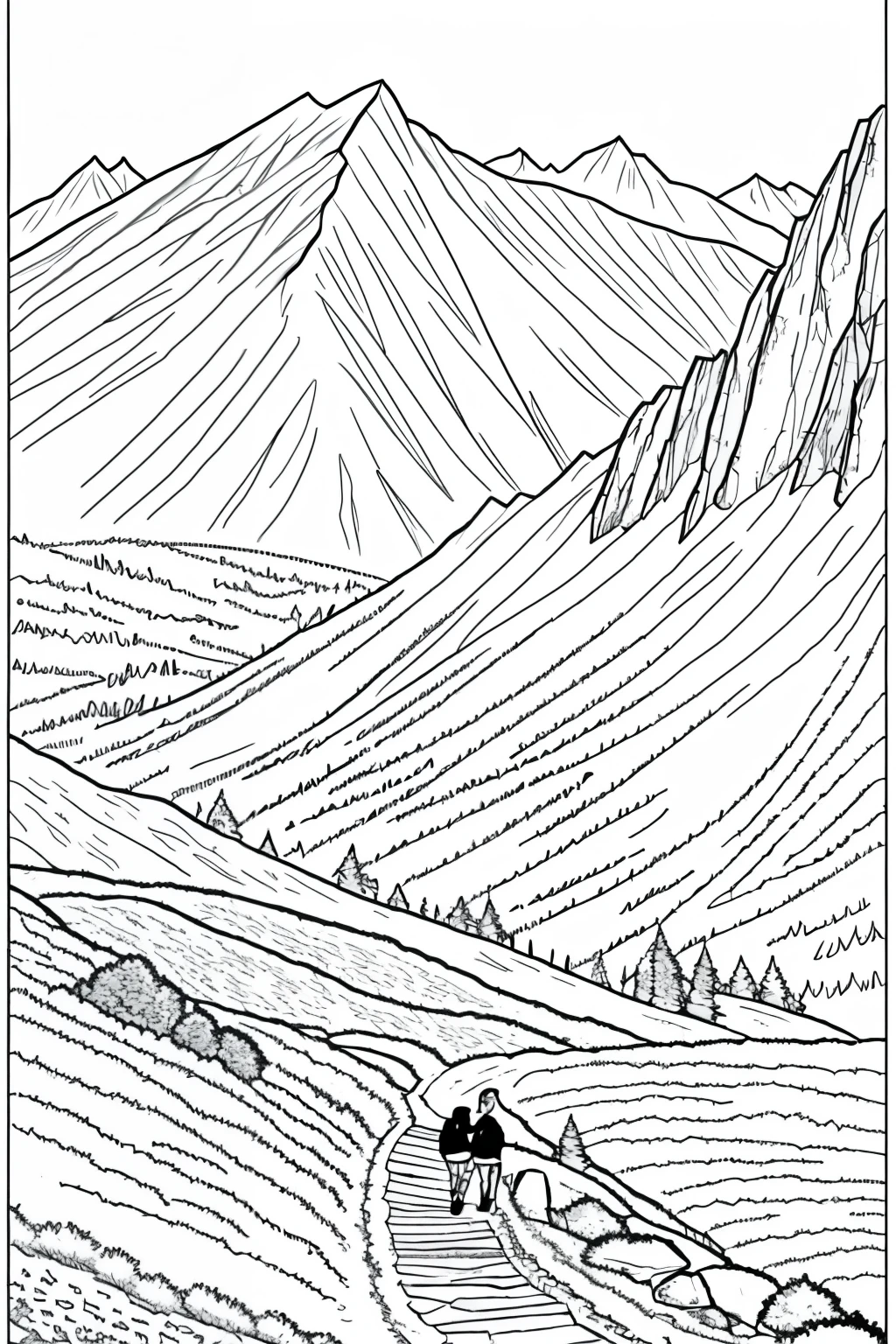 
Hiking a steep mountain behind another hiker. Beautiful mountain details.
Detailed coloring page.