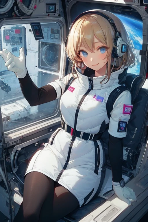 masterpiece, highest quality, high resolution, breasts, 20yo,1 girl,(solo):2,,blonde hair,(inside space station):2,flying:2,floatong:2,zero gravity,wind:1.5,anime lovelive style,

BREAK
headphone,(futurstic tight-fit bodysuit):2,(shiny silver long downvest):100,(northface silver metallic puffy downvest):2,(puffy):2,(black sleeves):5,(black tights):2,(black belt),futuristic boots and gloves,(smartwatch):100,astrovest
BREAK
1 girls, sitting in spacecraft cabin with 4-point seat belt, securely fastened, space station interior, looking out of large windows at Earth below, beautiful eyes, she have aluminum foil pouch,(aluminum foil pouch with plastic viewing window):2, contains nutritious liquid or puree together, smiling and chatting, bright and cheerful expressions, high quality cinematic lighting, detailed textures, sharp focus,blue hair,blue eyes,
