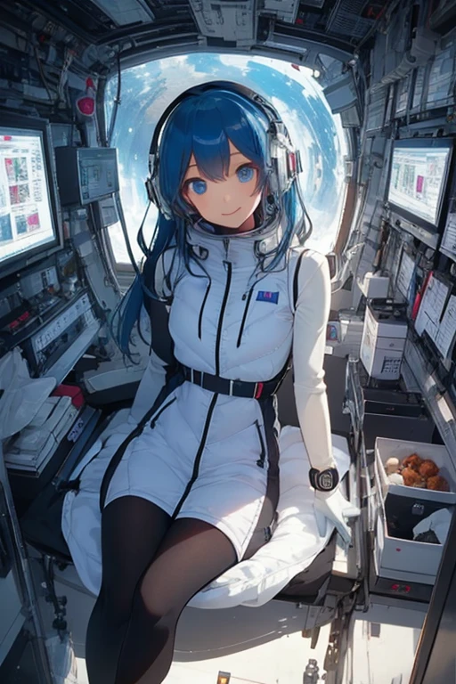 masterpiece, highest quality, high resolution, breasts, 20yo,1 girl,(solo):2,,blonde hair,(inside space station):2,flying:2,floatong:2,zero gravity,wind:1.5,anime lovelive style,

BREAK
headphone,(futurstic tight-fit bodysuit):2,(shiny silver long downvest):100,(northface silver metallic puffy downvest):2,(puffy):2,(black sleeves):5,(black tights):2,(black belt),futuristic boots and gloves,(smartwatch):100,astrovest
BREAK
1 girls, sitting in spacecraft cabin with 4-point seat belt, securely fastened, space station interior, looking out of large windows at Earth below, beautiful eyes, she have aluminum foil pouch,(aluminum foil pouch with plastic viewing window):2, contains nutritious liquid or puree together, smiling and chatting, bright and cheerful expressions, high quality cinematic lighting, detailed textures, sharp focus,blue hair,blue eyes,
