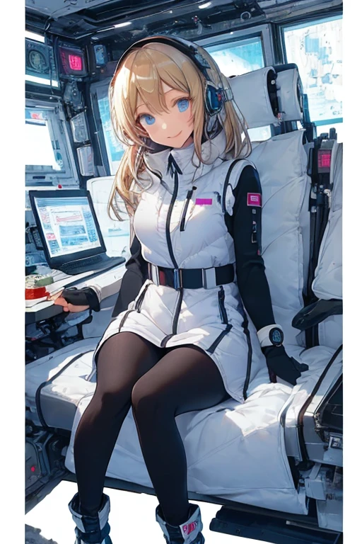 masterpiece, highest quality, high resolution, breasts, 20yo,1 girl,(solo):2,,blonde hair,(inside space station):2,flying:2,floatong:2,zero gravity,wind:1.5,anime lovelive style,
BREAK
headphone,(futurstic tight-fit bodysuit):2,(shiny silver long downvest):100,(northface silver metallic puffy downvest):2,(puffy):2,(black sleeves):5,(black tights):2,(black belt),futuristic boots and gloves,(smartwatch):100,astrovest
BREAK
1 girls, sitting in spacecraft cabin with 4-point seat belt, securely fastened, space station interior, looking out of large windows at Earth below, beautiful eyes, she have aluminum foil pouch,(aluminum foil pouch with plastic viewing window):2, contains nutritious liquid or puree together, smiling and chatting, bright and cheerful expressions, high quality cinematic lighting, detailed textures, sharp focus,blue hair,blue eyes,