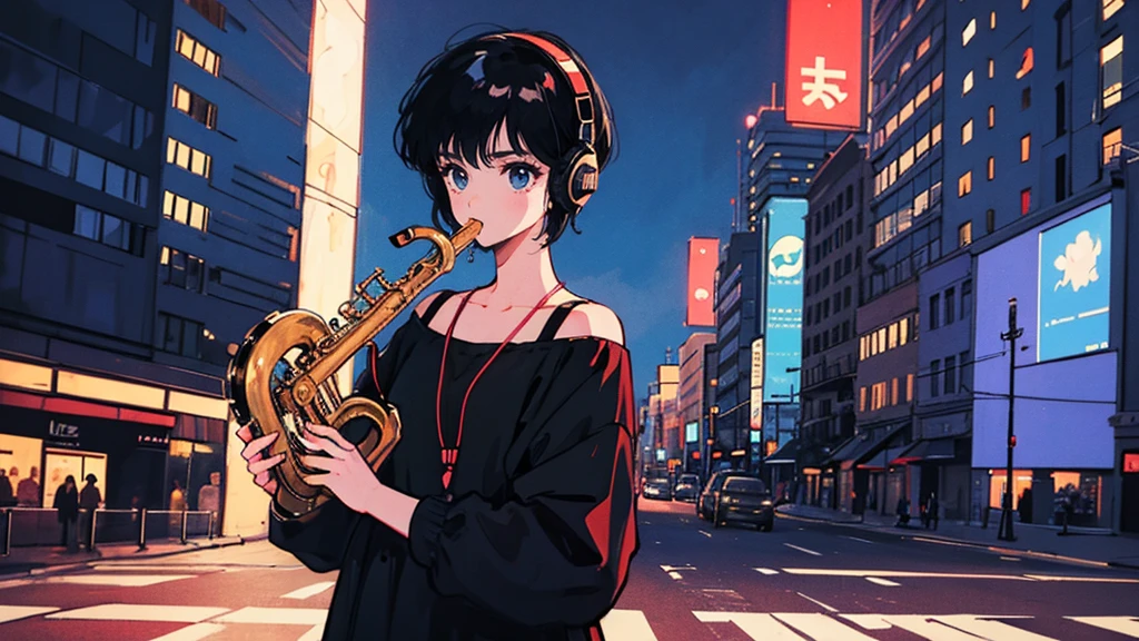 Black short Hair, Black Clothing, One Adult Woman ,Blue headphones、 City、Delicate background、Masterpiece、night、dark、Nostalgic、roadside, playing saxophone,
