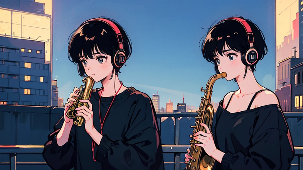 Black short Hair, Black Clothing, One Adult Woman ,Blue headphones、 City、Delicate background、Masterpiece、night、dark、Nostalgic、roadside, playing saxophone,