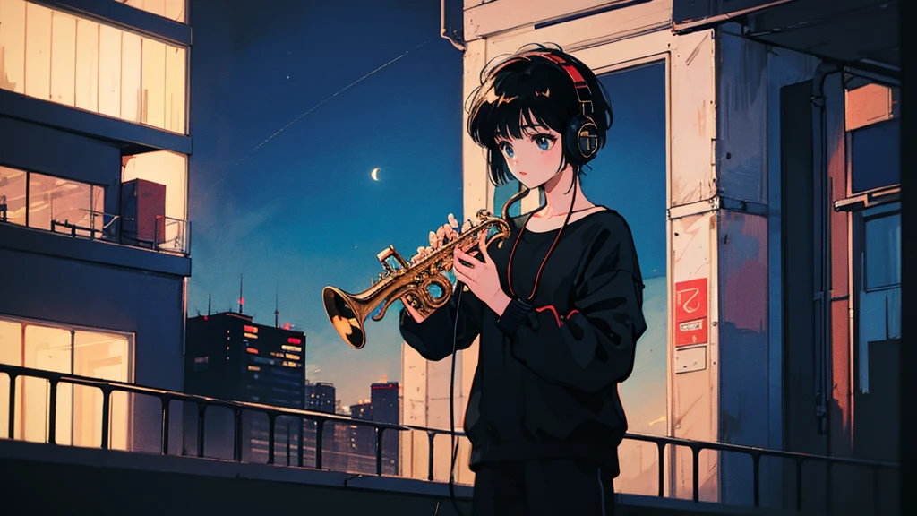 Black short Hair, Black Clothing, One Adult Woman ,Blue headphones、 City、Delicate background、Masterpiece、night、dark、Nostalgic、roadside, playing saxophone,
