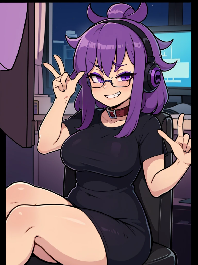 (best quality, masterpiece, RAW photo,ultra-detailed:1.2), 1girl, solo, makeup, straight purple hair, glasses on head, purple headset, collar, black shirt, sitting on a gamer chair, playing video games, joystick, night, gaming room, tongue out, frantic, evil grin, peace sign
