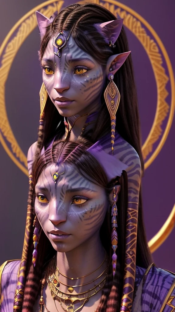 Na'vi woman with purple skin,With dark stripes like a tiger on the skin, Reddish cat ears, Ears with peacock earrings  long cat nose, red eyes Completely covered in a furry white tribal dress, best quality, perfect face (Egyptian  clothes and golden jewelry) Holding scepter