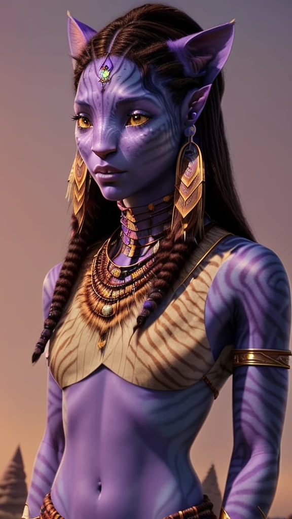 Na'vi woman with purple skin,With dark stripes like a tiger on the skin, Reddish cat ears, Ears with peacock earrings  long cat nose, red eyes Completely covered in a furry white tribal dress, best quality, perfect face (Egyptian  clothes and golden jewelry) Holding scepter