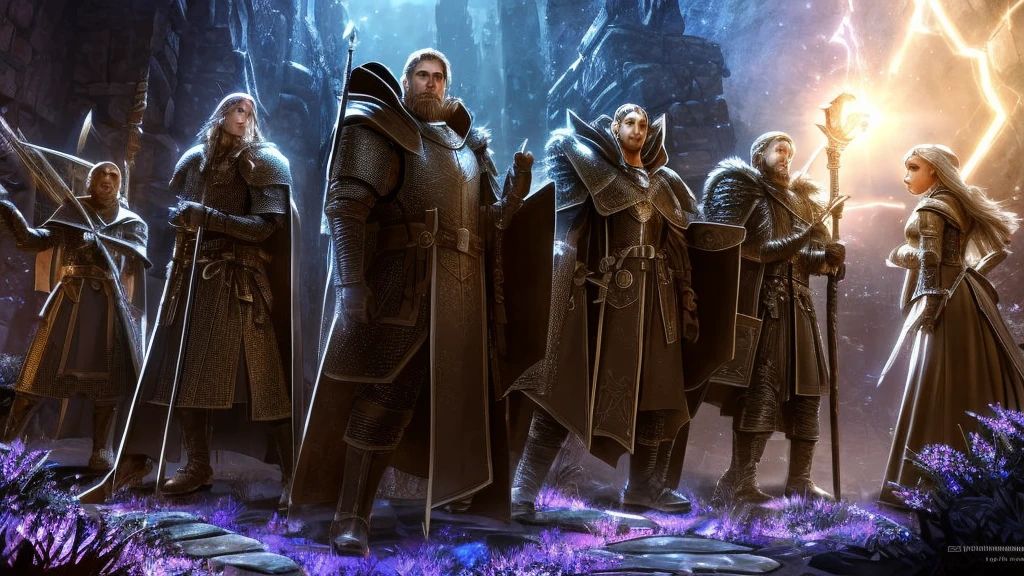 a knight, a ranger, a cleric, and a wizard exploring through a dark dungeon. 
