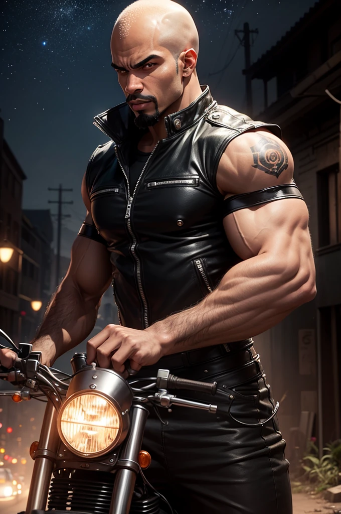 A muscular and sensual young wild afro black werewolf, red-eyed, all bald and with a goatee wearing a leather jacket and driving a big old giant classic super motorbike down a deserted country road at night with an evil entity watching among the stars and tearing the clothes of the beautiful blonde sexy policewoman on his back