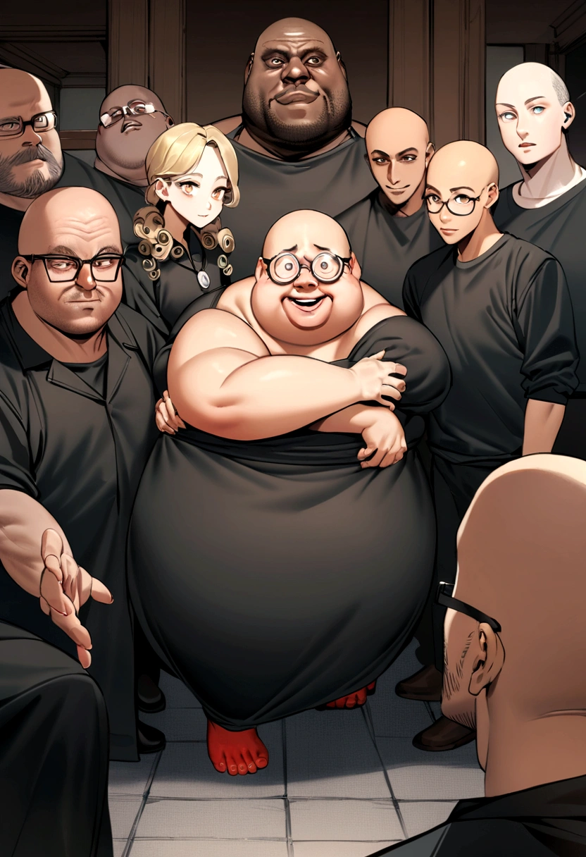 Art to be used as a WhatsApp group image, containing four people (a bald fat man, a skinny woman in black clothes, a nerdy boy with glasses and curly hair, and a tall blond boy with red feet and light eyes.