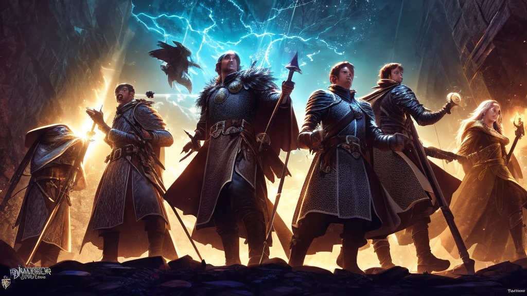 a knight, a ranger, a cleric, and a wizard exploring through a dark dungeon. 