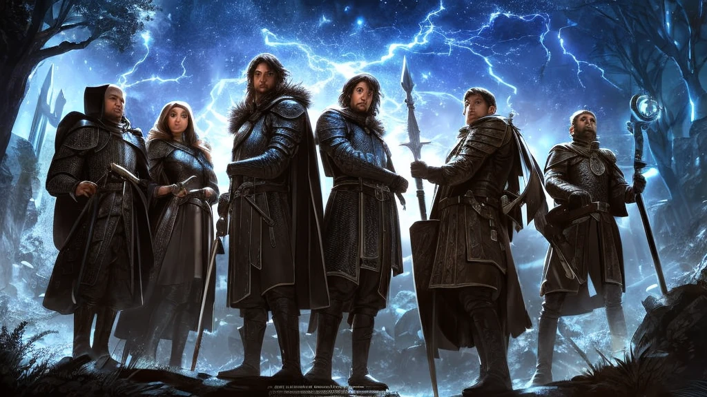 a knight, a ranger, a cleric, and a wizard exploring through a dark dungeon. 