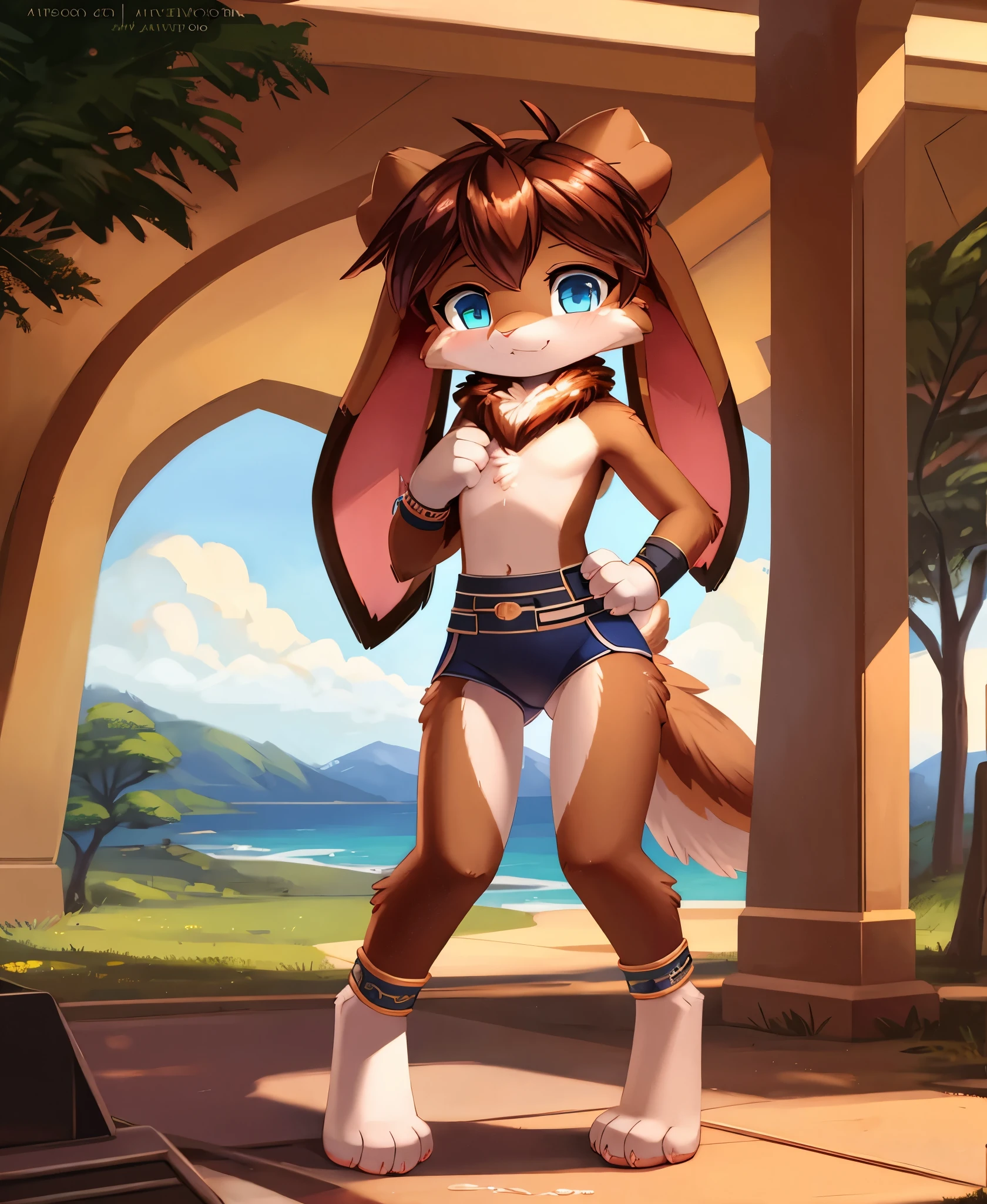 by ancesra, OC, original character, anthro, female, rabbit, lagomorph, lop from /(star wars visions/), brown body, brown fur, brown hair, blue eyes, floppy ears
BREAK
knock-kneed, thigh gap, messy hair, fluffy, neck tuft, small breasts, slim, , skinny, cute fangs, digitigrade, claws, 
lop_outfit, clothing, dolphin shorts, countershade feet, gloves, leg warmers, solo