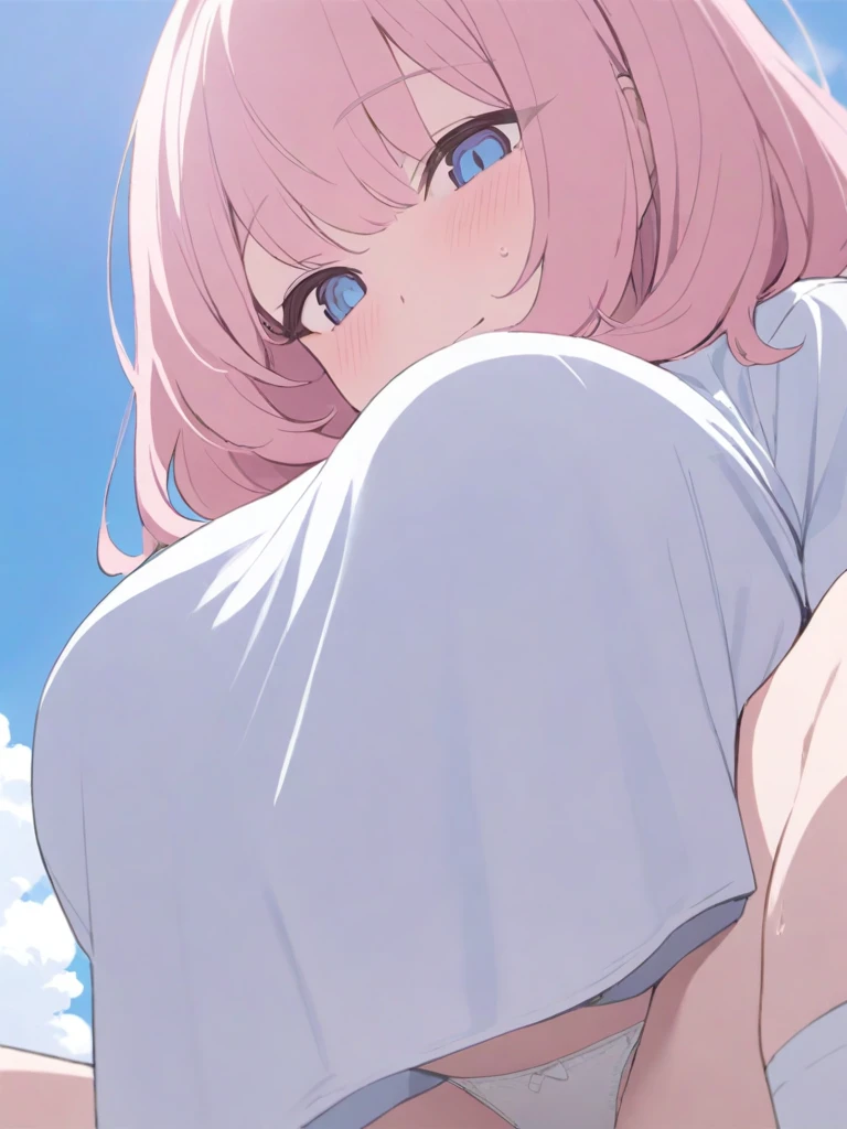 masterpiece, best quality, high quality, beautiful anime character, solo, anime girl with pink hair, medium length hair, medium hair, blue eyes, , mature female, tall female, big girl, thick, shy, light smile, outdoors, ((white oversize t-shirts, white panties)), short sleeves, white socks, from below view, panties peeking, squatting, 