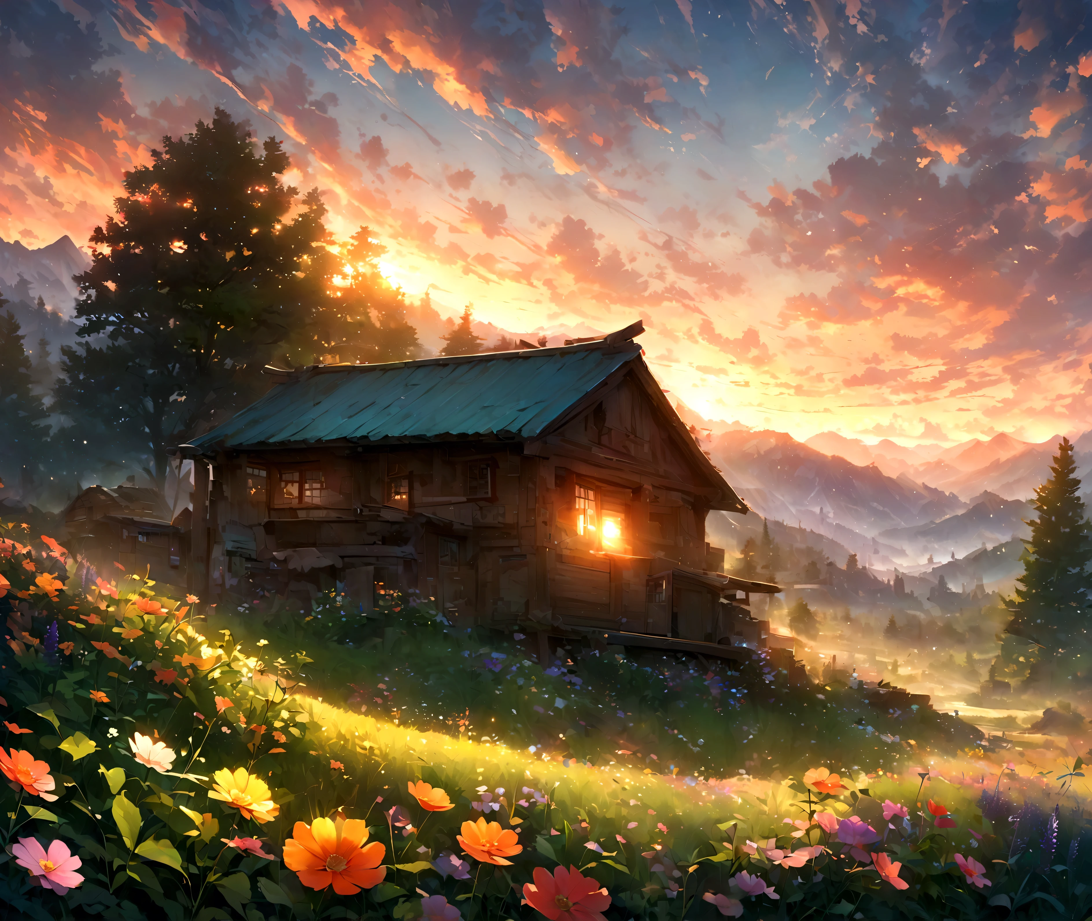 ((Masterpiece, top quality, high resolution)), ((highly detailed CG unified 8K wallpaper)), There is a plane flying in the morning sky, cloudy morning sunrise, strong sun rising in the sky, moody morning sunrise in the background, orange sky outside, cloudy morning sunrise, In the serene light of dawn, a small, rustic wooden house stands far away, almost hidden amidst a lush, green forest. The surrounding trees are bursting with life, their leaves shimmering in various shades of green and gold as the first rays of sunlight touch them. A majestic mountain looms in the background, its peak crowned with snow that glows softly under the early morning light. The sky is painted with shades of pink, orange, and lavender, dotted with whimsical clouds that seem to float effortlessly. Colorful flowers of all kinds bloom abundantly in the foreground, adding a splash of vivid reds, yellows, and purples to the scene.sky setting, morning sunrise in the background, sunrise is, morning sunrise in the background, sky in the background, sky in the background, dramatic sky and,