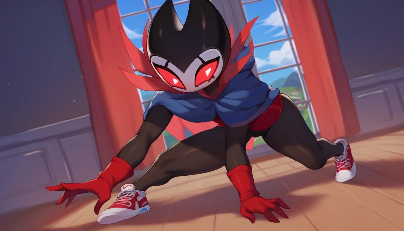 score_9, score_8_up, score_7_up, score_6_up, zPDXL2, grimm \(hollow knight\), vampire, bat, 1boy, solo, cute face, detailed eyes, anthro, near the window, landscape, highlight thighs, red sports gloves, sneakers, blue hooded sweatshirt, thick thighs, smug face, doggy pose, NSFW 