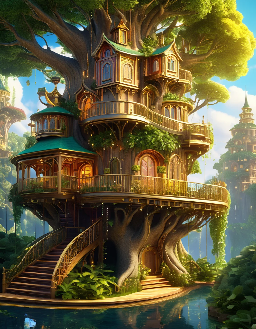 (whimsical treehouse,multiple floors,balconies,large tree,vibrant greenery,magical effect,fantasy,detailed environment,intricate architecture,lush foliage,warm lighting,enchanting atmosphere,highly detailed,cinematic,photorealistic,masterpiece:1.2,ultra-detailed,realistic,stunning,beautiful,detailed)