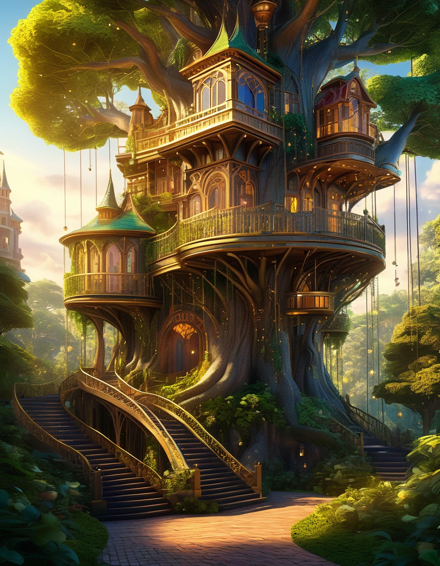 (whimsical treehouse,multiple floors,balconies,large tree,vibrant greenery,magical effect,fantasy,detailed environment,intricate architecture,lush foliage,warm lighting,enchanting atmosphere,highly detailed,cinematic,photorealistic,masterpiece:1.2,ultra-detailed,realistic,stunning,beautiful,detailed)