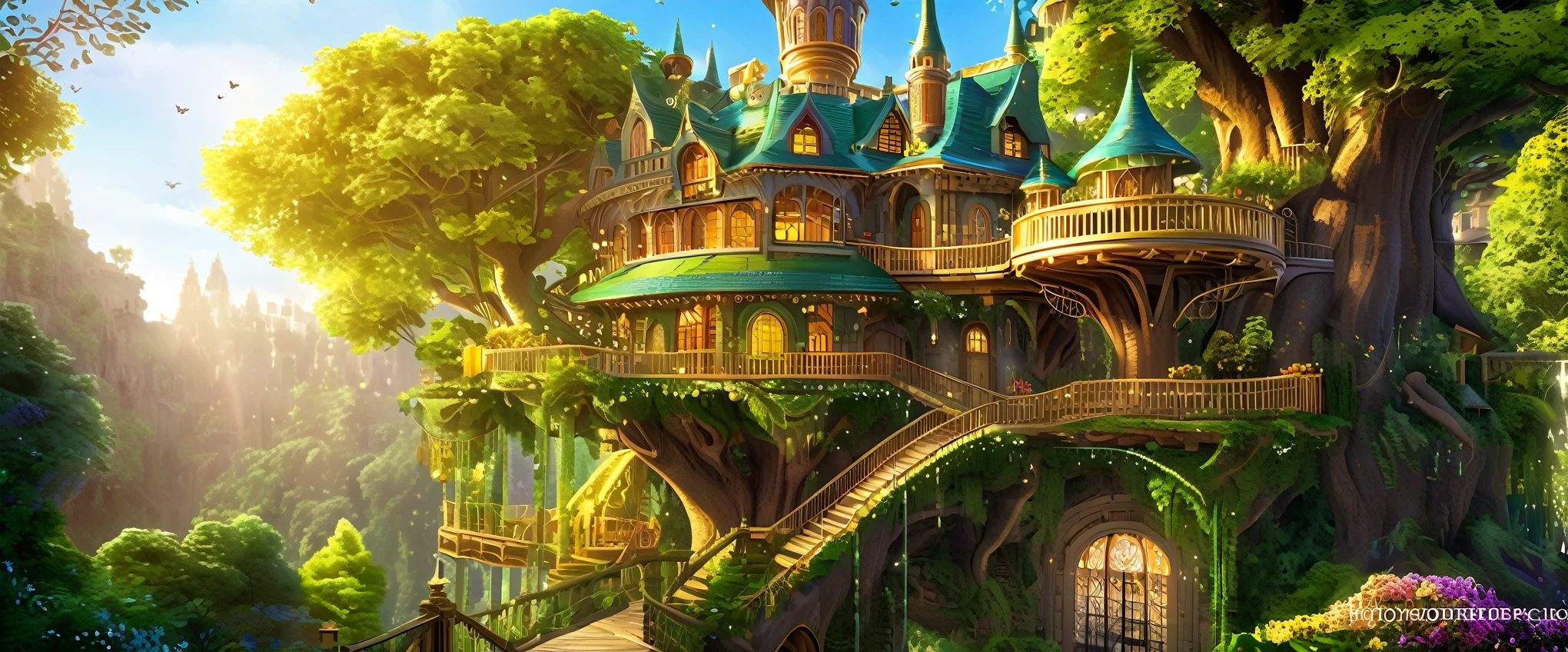 (whimsical treehouse,multiple floors,balconies,large tree,vibrant greenery,magical effect,fantasy,detailed environment,intricate architecture,lush foliage,warm lighting,enchanting atmosphere,highly detailed,cinematic,photorealistic,masterpiece:1.2,ultra-detailed,realistic,stunning,beautiful,detailed)