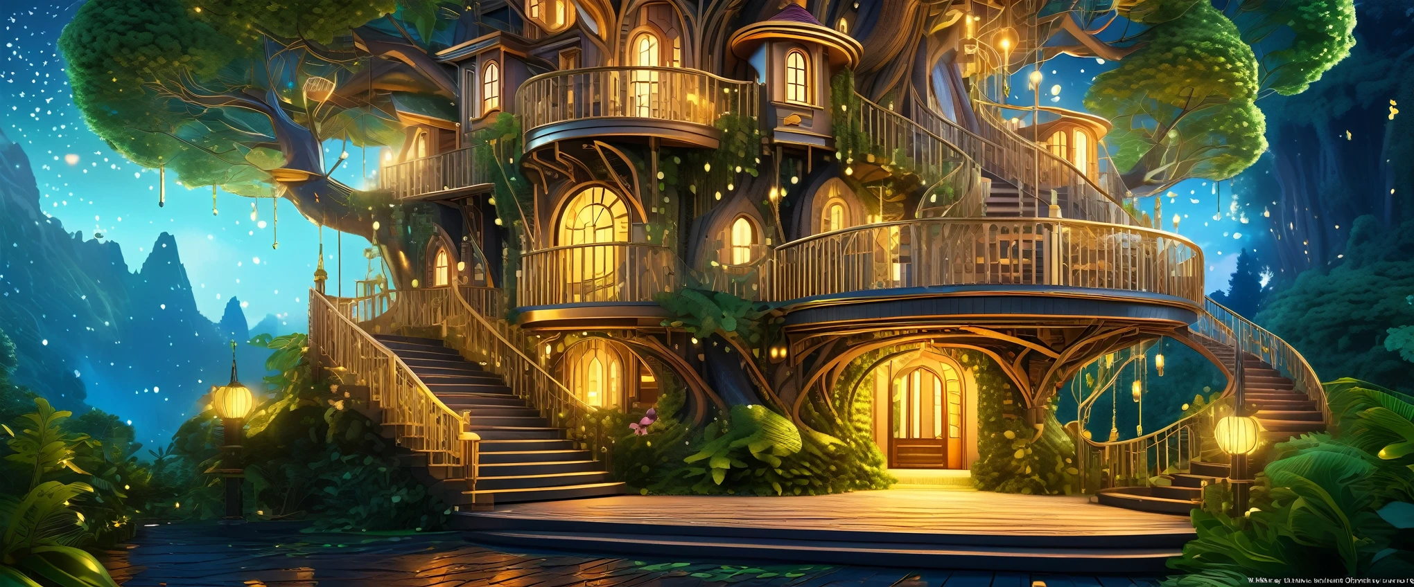 (whimsical treehouse,multiple floors,balconies,large tree,vibrant greenery,magical effect,fantasy,detailed environment,intricate architecture,lush foliage,warm lighting,enchanting atmosphere,highly detailed,cinematic,photorealistic,masterpiece:1.2,ultra-detailed,realistic,stunning,beautiful,detailed)