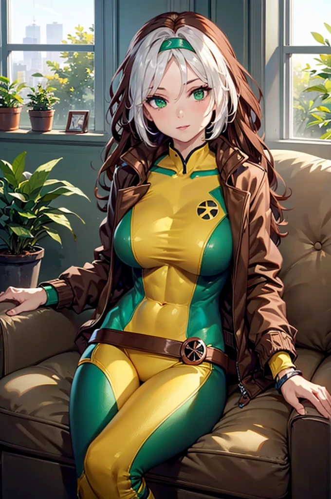 (masterpiece, best quality:1.2), classicrogue, 1girl, solo, long hair, large breasts, smile, large breasts, brown hair, green eyes, jacket, big hair, white hair, multicolored hair, parted lips, open clothes, belt, two-tone hair, open jacket, lips, bodysuit, covered navel, makeup, muscular, headband, abs, skin tight, multicolored clothes, muscular female, dyed bangs, multicolored bodysuit, green bodysuit, yellow bodysuit, butterfly, bug, window, sitting, indoors, plant, book, laptop, computer, couch, looking at viewer, closed mouth, blurry, blue butterfly, potted plant, building, expressionless, depth of field, book stack, day