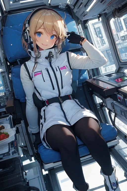 masterpiece, highest quality, high resolution, breasts, 20yo,1 girl,(solo):2,,blonde hair,(inside space station):2,flying:2,floatong:2,zero gravity,wind:1.5,anime lovelive style,

BREAK
headphone,(futurstic tight-fit bodysuit):2,(shiny silver long downvest):100,(northface silver metallic puffy downvest):2,(puffy):2,(black sleeves):5,(black tights):2,(black belt),futuristic boots and gloves,(smartwatch):100,astrovest
BREAK
1 girls, sitting in spacecraft cabin with 4-point seat belt, securely fastened, space station interior, looking out of large windows at Earth below, beautiful eyes, she have aluminum foil pouch,(aluminum foil pouch with plastic viewing window):2, contains nutritious liquid or puree together, smiling and chatting, bright and cheerful expressions, high quality cinematic lighting, detailed textures, sharp focus,blue hair,blue eyes,
