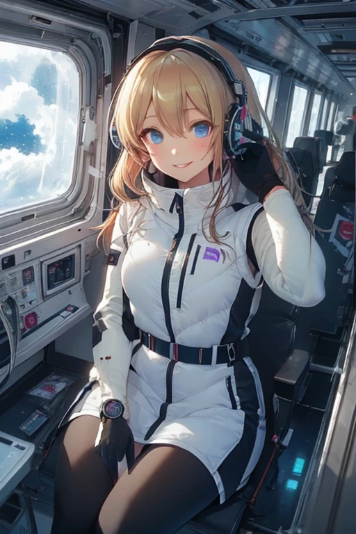 masterpiece, highest quality, high resolution, breasts, 20yo,1 girl,(solo):2,,blonde hair,(inside space station):2,flying:2,floatong:2,zero gravity,wind:1.5,anime lovelive style,
BREAK
headphone,(futurstic tight-fit bodysuit):2,(shiny silver long downvest):100,(northface silver metallic puffy downvest):2,(puffy):2,(black sleeves):5,(black tights):2,(black belt),futuristic boots and gloves,(smartwatch):100,astrovest
BREAK
1 girls, sitting in spacecraft cabin with 4-point seat belt, securely fastened, space station interior, looking out of large windows at Earth below, beautiful eyes, she have aluminum foil pouch,(aluminum foil pouch with plastic viewing window):2, contains nutritious liquid or puree together, smiling and chatting, bright and cheerful expressions, high quality cinematic lighting, detailed textures, sharp focus,blue hair,blue eyes,