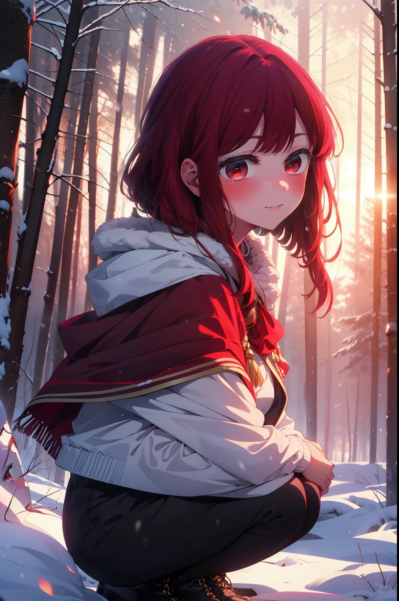 canary, Arima etc.., Long Hair,bangs, (Red eyes:1.3), Redhead, smile,Small breasts,ribbon,smile,blush,White Breath,
Open your mouth,snow,Ground bonfire, Outdoor, boots, snowing, From the side, wood, suitcase, Cape, Blurred, , forest, White handbag, nature, Squat, Mouth closed, Cape, winter, Written boundary depth, Black shoes, red Cape break looking at viewer, Upper Body, whole body, break Outdoor, forest, nature, break (masterpiece:1.2), Highest quality, High resolution, unity 8k wallpaper, (shape:0.8), (Beautiful and beautiful eyes:1.6), Highly detailed face, Perfect lighting, Extremely detailed CG, (Perfect hands, Perfect Anatomy),