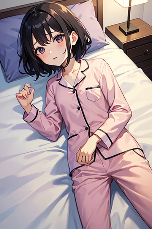 Highest quality、Black Hair、Iris、Short Hair、Girl、cute、16 years old、、Small hair fastening、Pink pajamas、Skirt available、Waking up、Looks sleepy、Get up from the bed