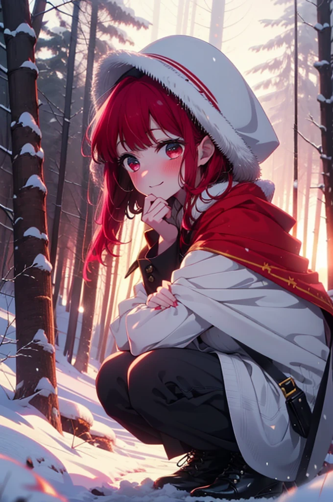 canary, Arima etc..,  Long Hair,bangs, (Red eyes:1.3), Redhead, smile,Small breasts,ribbon,smile,blush,White Breath,
Open your mouth,snow,Ground bonfire, Outdoor, boots, snowing, From the side, wood, suitcase, Cape, Blurred, , forest, White handbag, nature,  Squat, Mouth closed, Cape, winter, Written boundary depth, Black shoes, red Cape break looking at viewer, Upper Body, whole body, break Outdoor, forest, nature, break (masterpiece:1.2), Highest quality, High resolution, unity 8k wallpaper, (shape:0.8), (Beautiful and beautiful eyes:1.6), Highly detailed face, Perfect lighting, Extremely detailed CG, (Perfect hands, Perfect Anatomy),