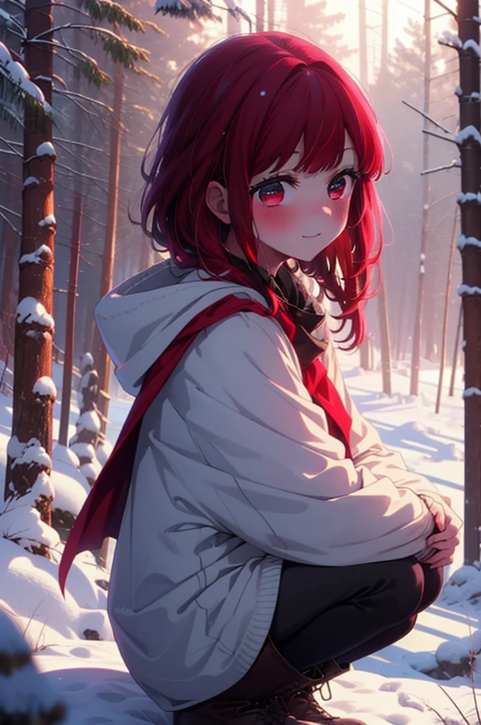 canary, Arima etc..,  Long Hair,bangs, (Red eyes:1.3), Redhead, smile,Small breasts,ribbon,smile,blush,White Breath,
Open your mouth,snow,Ground bonfire, Outdoor, boots, snowing, From the side, wood, suitcase, Cape, Blurred, , forest, White handbag, nature,  Squat, Mouth closed, Cape, winter, Written boundary depth, Black shoes, red Cape break looking at viewer, Upper Body, whole body, break Outdoor, forest, nature, break (masterpiece:1.2), Highest quality, High resolution, unity 8k wallpaper, (shape:0.8), (Beautiful and beautiful eyes:1.6), Highly detailed face, Perfect lighting, Extremely detailed CG, (Perfect hands, Perfect Anatomy),