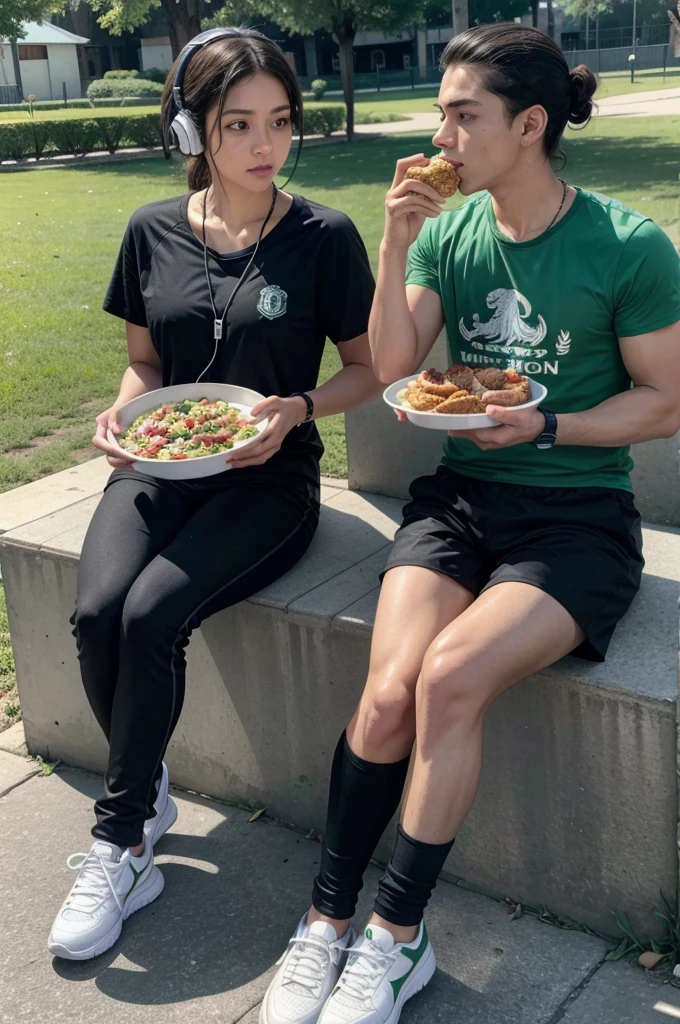 , with mexico shirt,with black pants, Black tennis shoes,with headphones, eating a Sabrita,and in the background a tray from Mexico,in a park