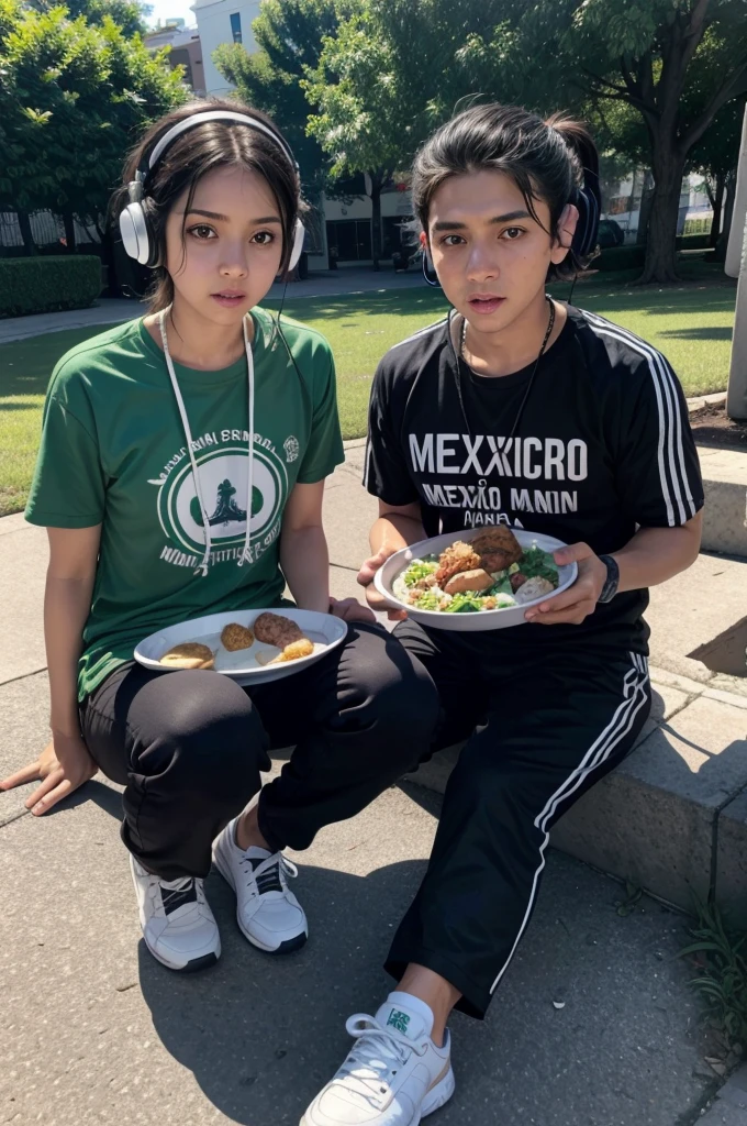 , with mexico shirt,with black pants, Black tennis shoes,with headphones, eating a Sabrita,and in the background a tray from Mexico,in a park