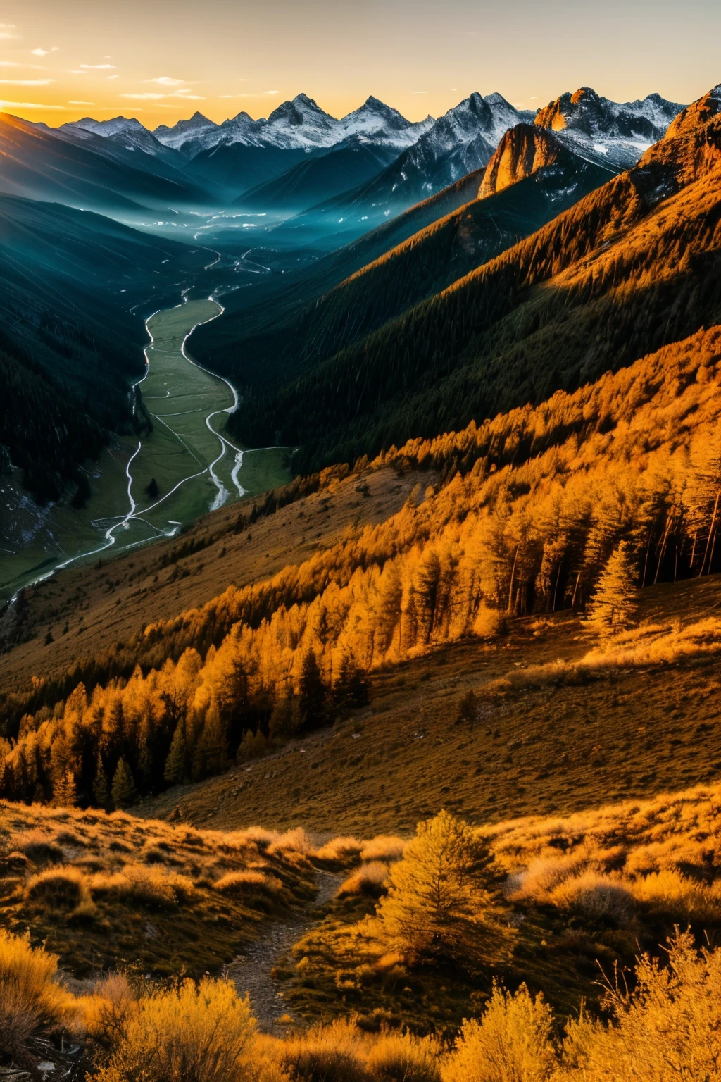 ((best quality)), ((masterpiece)), (detailed),A dramatic mountain landscape at sunset, with the peaks glowing in warm, golden light."