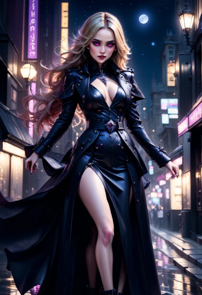 fantasy art, modern and gothic art, (masterpiece:1.5), full body best details, highly detailed, best quality, highres, full body portrait of a female vampire (Masterpiece, best quality: 1.6), ultra feminine, with a long curvy hair, blond hair, (red:1.3) eyes, ((beautiful delicate face)), Ultra Detailed Face (wearing elegant glamour open black trench coat: 1.5) , (flowing black trench coat: 1.5), wearing an intricate (purple suit: 1.2) (intricate details, Masterpiece, best quality: 1.3), high heeled boots, urban background (intense details, beat details), fantasy, at night light, natural ,moon light, clouds, gothic atmosphere, soft light, ((anatomically correct: 1.3)), high details, best quality, 16k, [ultra detailed], masterpiece, best quality, (extremely detailed), dynamic angle, drkfntasy, evening dress