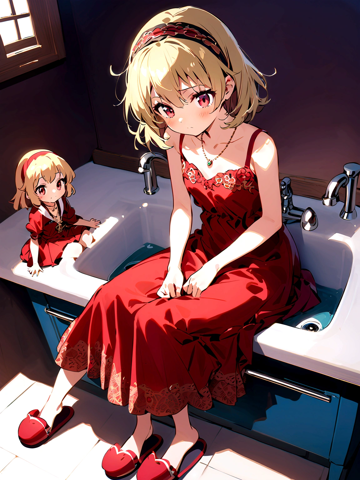 (Houjou_Satoko), (Blonde), Red eyes, short hair, hair band, Small breasts,I&#39;m 11 years old, 1girl, 独奏, dress, jewelry, sitting, necklace, red dress, minigirl, slippers, sink
