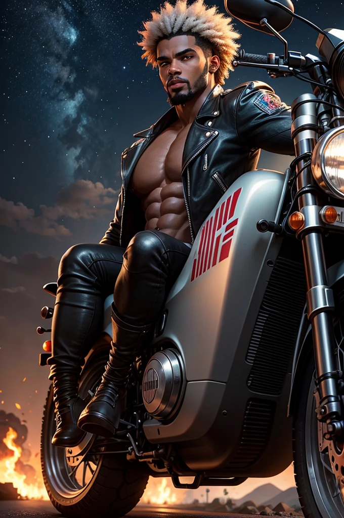 A muscular and sensual young wild afro black werewolf, red-eyed, all bald and goatee wearing leather jacket and driving a big old giant classic super motorbike down a deserted road at night with an evil entity watching among the stars and tearing the clothes of the beautiful blonde police officer
