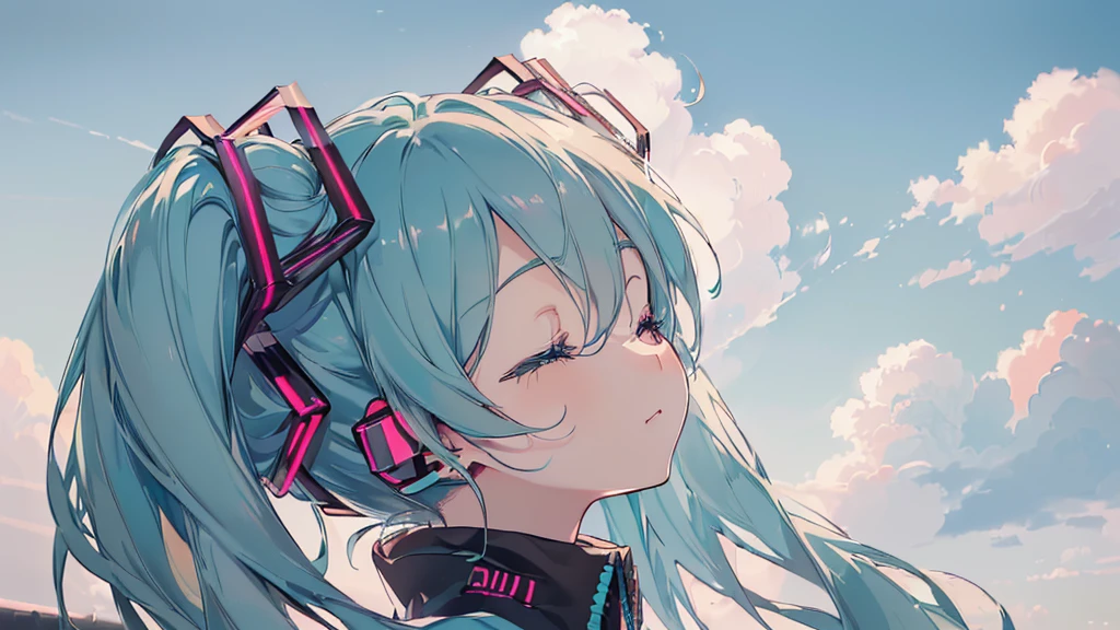((Asahi), ((Eyes closed)), (((Hatsune Miku))), (((Highest quality、masterpiece、Ultra-fine、Ultra-fine、Exquisite、16K、Full HD,))) 、(((profile、Looking up))),Long eyelashes、White skin、(thin and long)、 ((cute)) ((One person),Wide Shot、