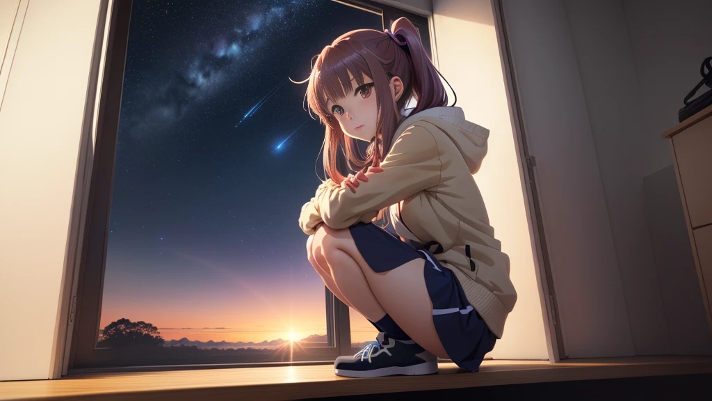 Anime girl sitting on the windowsill looking at the beautiful starry sky, two-dimensional minimalism, best anime 4k konachan wallpapers, 4k comics wallpaper, Anime girl squatting, 2d anime, Anime style 4K, 4K anime wallpaper, anime art wallpaper 8k, anime wallpaper 4k, anime wallpaper 4k, Beautiful anime girl squatting