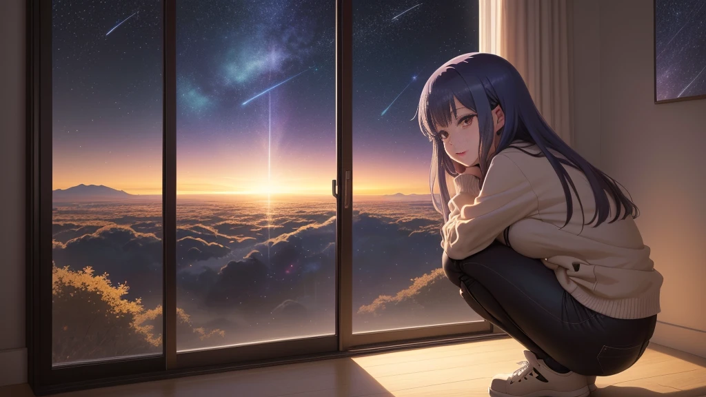 Anime girl sitting on the windowsill looking at the beautiful starry sky, two-dimensional minimalism, best anime 4k konachan wallpapers, 4k comics wallpaper, Anime girl squatting, 2d anime, Anime style 4K, 4K anime wallpaper, anime art wallpaper 8k, anime wallpaper 4k, anime wallpaper 4k, Beautiful anime girl squatting