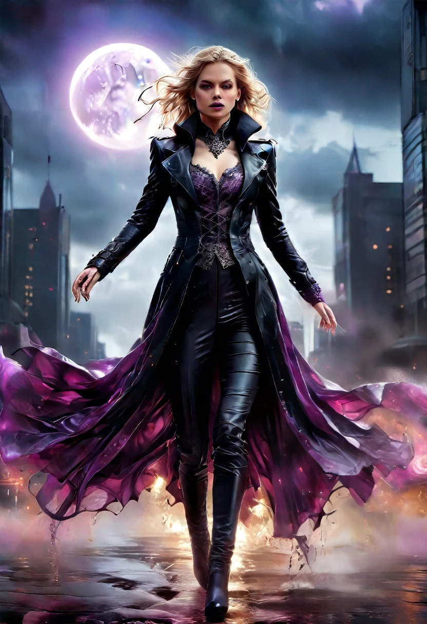 fantasy art, modern and gothic art, (masterpiece:1.5), full body best details, highly detailed, best quality, highres, full body portrait of a female vampire (Masterpiece, best quality: 1.6), ultra feminine, with a long curvy hair, blond hair, (red:1.3) eyes, ((beautiful delicate face)), Ultra Detailed Face (wearing elegant glamour open black trench coat: 1.5) , (flowing black trench coat: 1.5), wearing an intricate (purple suit: 1.2) (intricate details, Masterpiece, best quality: 1.3), high heeled boots, urban background (intense details, beat details), fantasy, at night light, natural ,moon light, clouds, gothic atmosphere, soft light, ((anatomically correct: 1.3)), high details, best quality, 16k, [ultra detailed], masterpiece, best quality, (extremely detailed), dynamic angle, drkfntasy, evening dress