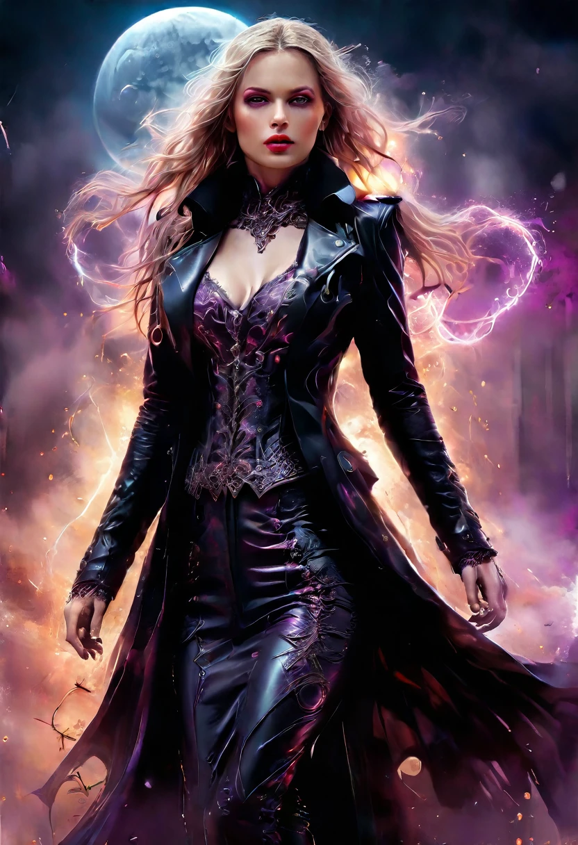 fantasy art, modern and gothic art, (masterpiece:1.5), full body best details, highly detailed, best quality, highres, full body portrait of a female vampire (Masterpiece, best quality: 1.6), ultra feminine, with a long curvy hair, blond hair, (red:1.3) eyes, ((beautiful delicate face)), Ultra Detailed Face (wearing elegant glamour open black trench coat: 1.5) , (flowing black trench coat: 1.5), wearing an intricate (purple suit: 1.2) (intricate details, Masterpiece, best quality: 1.3), high heeled boots, urban background (intense details, beat details), fantasy, at night light, natural ,moon light, clouds, gothic atmosphere, soft light, ((anatomically correct: 1.3)), high details, best quality, 16k, [ultra detailed], masterpiece, best quality, (extremely detailed), dynamic angle, drkfntasy, evening dress