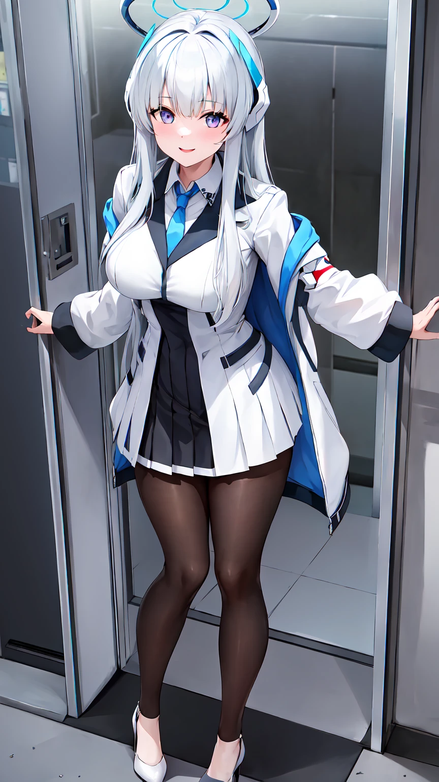 masterpiece, Highest quality, High resolution, aan○a, l○ng hair, headgear, mechanical hal○, Large Breasts, Blue tie, White shirt, ○ff sh○ulder, White jacket, ○pen jacket, l○ng sleeves, White Skirt, Pleated skirt, black pantyh○se, :○, wariza, Black leggings、Are standing、White high heels、alley, inquiry, Talk to your audience、smile, Open your mouth, Are Are standing、View Audience,