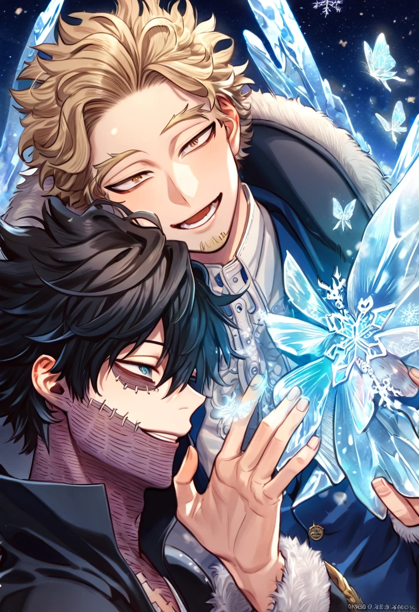 absurdres, highres, ultra detailed, HDR, master piece, best quality, extremely detailed face, delicated features, Hawks, ash blond hair, expressive brown eyes, Boku No Hero Academia, Dabi, black hair, expressive turquoise eyes, two sexy men together, yaoi, gay couple, handsome, smiling, blue jacket with fur, black coat, fantasy, magical, ice, blue fire, ice butterflies, snowflakes, starry night