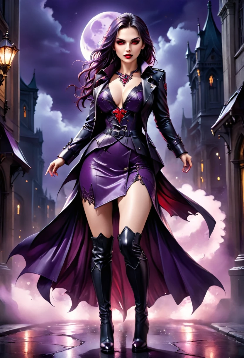 fantasy art, modern and gothic art, (masterpiece:1.5), full body best details, highly detailed, best quality, highres, full body portrait of a female vampire (Masterpiece, best quality: 1.6), ultra feminine, with a long curvy hair, blond hair, (red:1.3) eyes, ((beautiful delicate face)), Ultra Detailed Face (wearing elegant glamour open black trench coat: 1.5) , (flowing black trench coat: 1.5), wearing an intricate (purple suit: 1.2) (intricate details, Masterpiece, best quality: 1.3), high heeled boots, urban background (intense details, beat details), fantasy, at night light, natural ,moon light, clouds, gothic atmosphere, soft light, ((anatomically correct: 1.3)), high details, best quality, 16k, [ultra detailed], masterpiece, best quality, (extremely detailed), dynamic angle, drkfntasy, evening dress