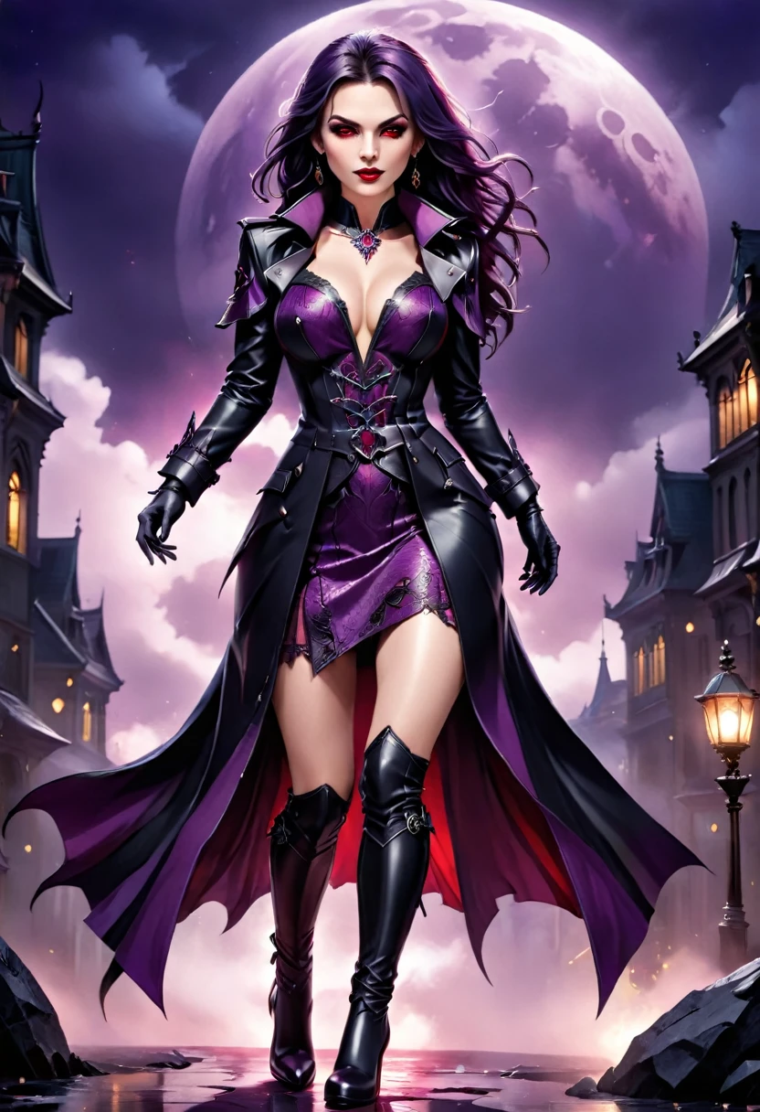 fantasy art, modern and gothic art, (masterpiece:1.5), full body best details, highly detailed, best quality, highres, full body portrait of a female vampire (Masterpiece, best quality: 1.6), ultra feminine, with a long curvy hair, blond hair, (red:1.3) eyes, ((beautiful delicate face)), Ultra Detailed Face (wearing elegant glamour open black trench coat: 1.5) , (flowing black trench coat: 1.5), wearing an intricate (purple suit: 1.2) (intricate details, Masterpiece, best quality: 1.3), high heeled boots, urban background (intense details, beat details), fantasy, at night light, natural ,moon light, clouds, gothic atmosphere, soft light, ((anatomically correct: 1.3)), high details, best quality, 16k, [ultra detailed], masterpiece, best quality, (extremely detailed), dynamic angle, drkfntasy, evening dress