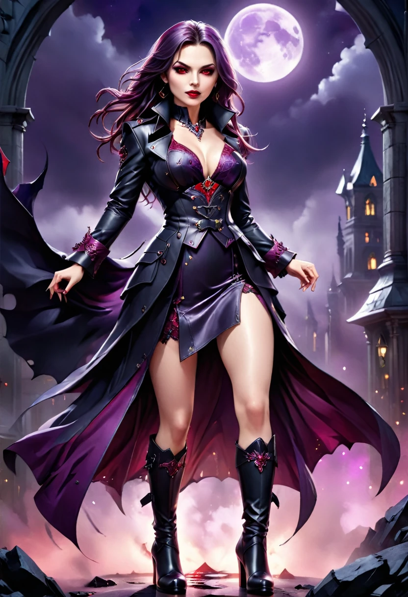 fantasy art, modern and gothic art, (masterpiece:1.5), full body best details, highly detailed, best quality, highres, full body portrait of a female vampire (Masterpiece, best quality: 1.6), ultra feminine, with a long curvy hair, blond hair, (red:1.3) eyes, ((beautiful delicate face)), Ultra Detailed Face (wearing elegant glamour open black trench coat: 1.5) , (flowing black trench coat: 1.5), wearing an intricate (purple suit: 1.2) (intricate details, Masterpiece, best quality: 1.3), high heeled boots, urban background (intense details, beat details), fantasy, at night light, natural ,moon light, clouds, gothic atmosphere, soft light, ((anatomically correct: 1.3)), high details, best quality, 16k, [ultra detailed], masterpiece, best quality, (extremely detailed), dynamic angle, drkfntasy, evening dress