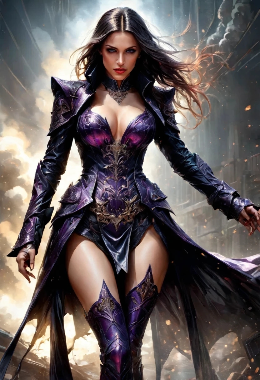 fantasy art, modern and gothic art, (masterpiece:1.5), full body best details, highly detailed, best quality, highres, full body portrait of a female vampire (Masterpiece, best quality: 1.6), ultra feminine, with a long curvy hair, blond hair, (red:1.3) eyes, ((beautiful delicate face)), Ultra Detailed Face (wearing elegant glamour open black trench coat: 1.5) , (flowing black trench coat: 1.5), wearing an intricate (purple suit: 1.2) (intricate details, Masterpiece, best quality: 1.3), high heeled boots, urban background (intense details, beat details), fantasy, at night light, natural ,moon light, clouds, gothic atmosphere, soft light, ((anatomically correct: 1.3)), high details, best quality, 16k, [ultra detailed], masterpiece, best quality, (extremely detailed), dynamic angle, drkfntasy, evening dress
